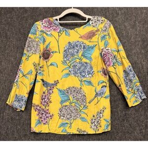 Boden Silk Blend Blouse Size 8 Yellow Floral And Bird Print Top Shirt Spring